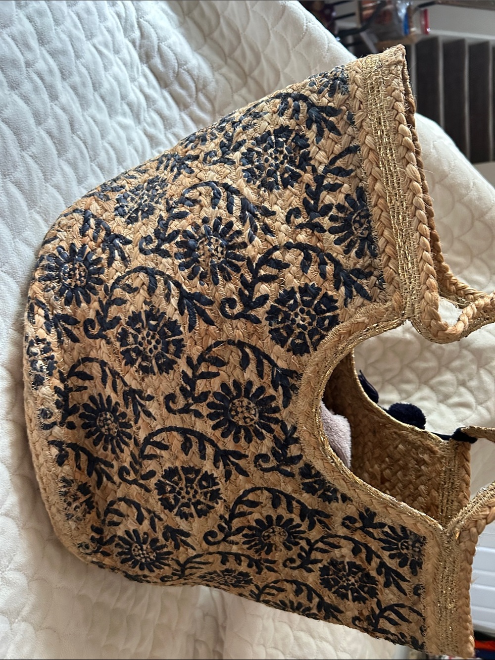 Olivia Miller Natural Straw Tote with Navy Floral Print and Tassel - Picture 2 of 7
